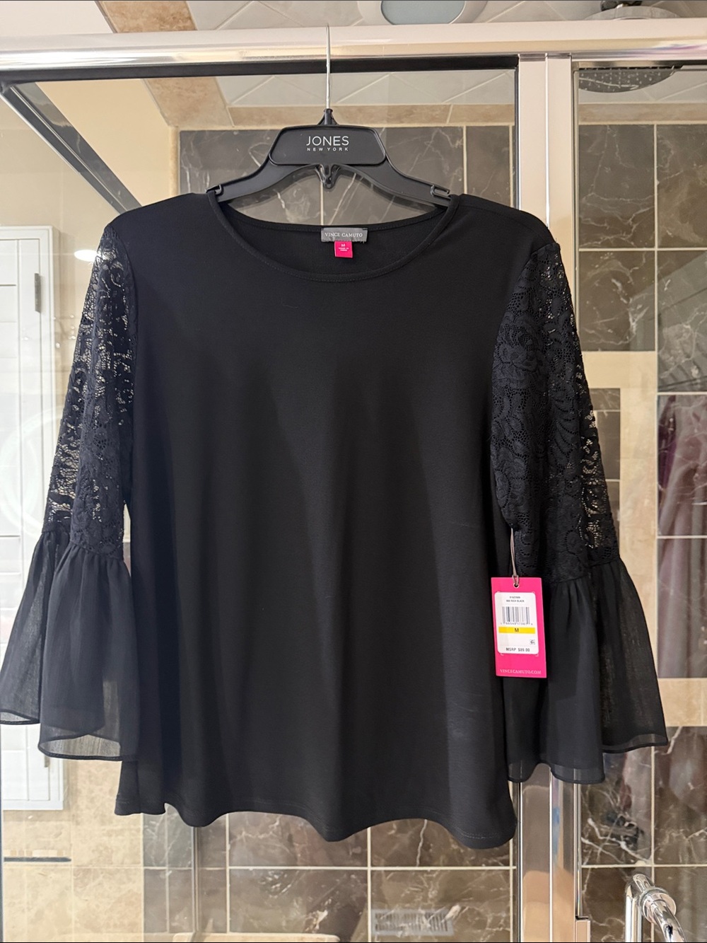 Vince Camuto Black Lace Bell-Sleeve Top